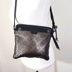 Brighton peforated metallic smoke colored and black crossbody purse